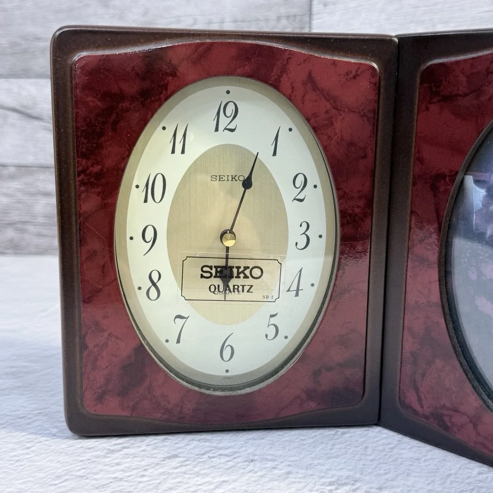 Seiko Quartz Desk Clock Picture Frame Rosewood Folding Analog Vintage